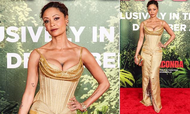 Thandiwe Newton Dazzles in Gold Corset Dress at Anaconda Premiere in Los Angeles